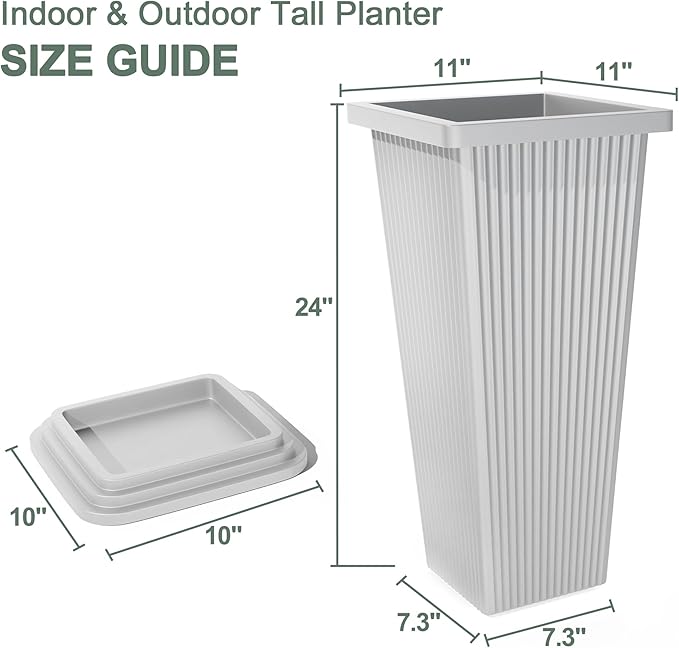 Tall Outdoor Planters Set of 2, 24" Tapered Outdoor Tall White Planter for Front Porch, Large Indoor Modern Planter Flower Pots with Tray, Drainage Holes (Ribbed)