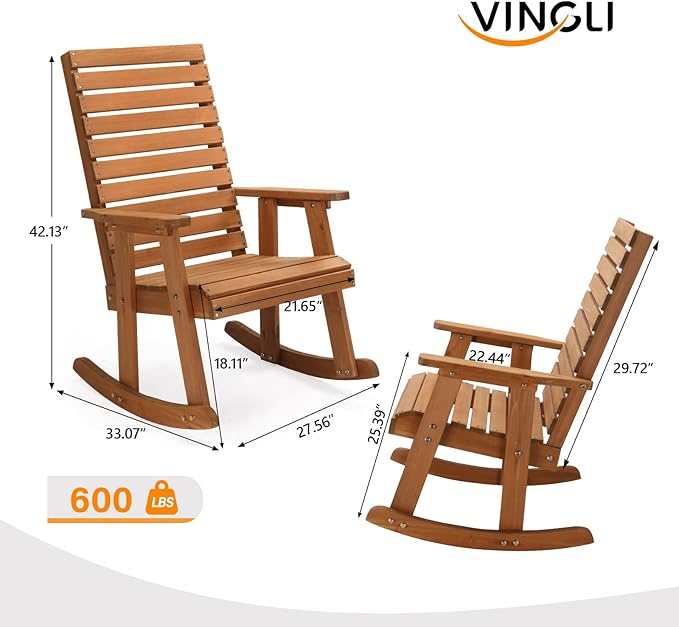 VINGLI Wooden Rocking Chair with High Backrest, Solid Fir Wood, Heavy Duty 600 LBS Patio Rockers for Indoor and Outdoor, Garden, Yard, Patio