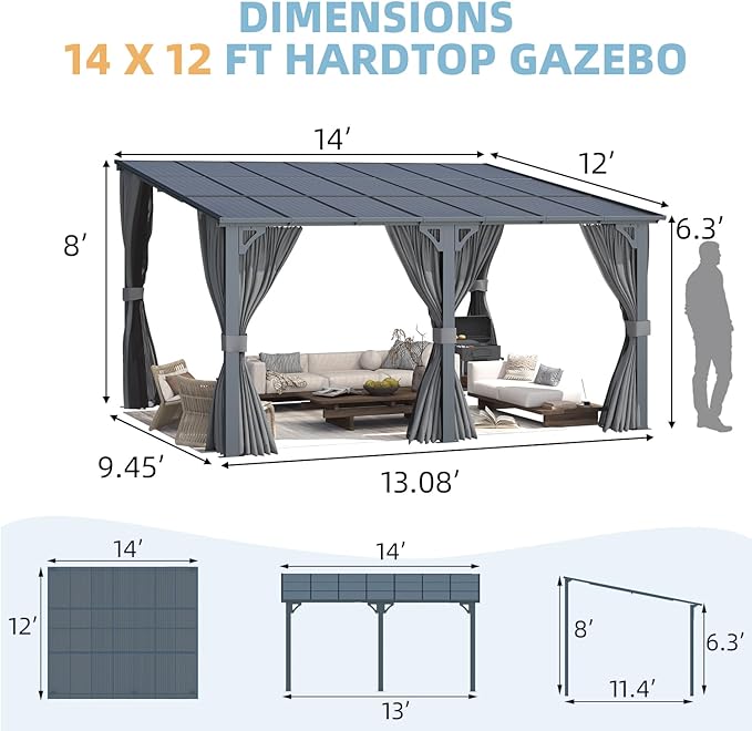 AECOJOY 14' x 12' Gazebo Outdoor Pergola with Curtains and Netting for Patio, Large Wall-Mounted Hardtop 12x14 Lean to Metal Heavy Duty Gazebo, Pergolas and Gazebos Clearance with Patio Roof Awnings