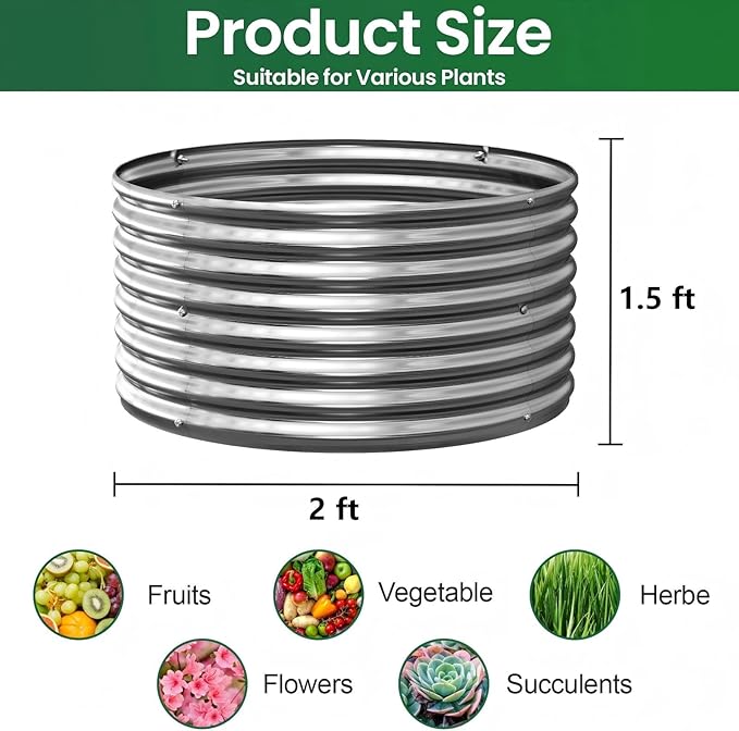 4 Pack Tall 2x2x1.5ft Round Galvanized Raised Garden Bed Outdoor, Metal Garden Bed for Vegetables, Above Ground Garden Box for Flower, Steel Raised Beds for Gardening