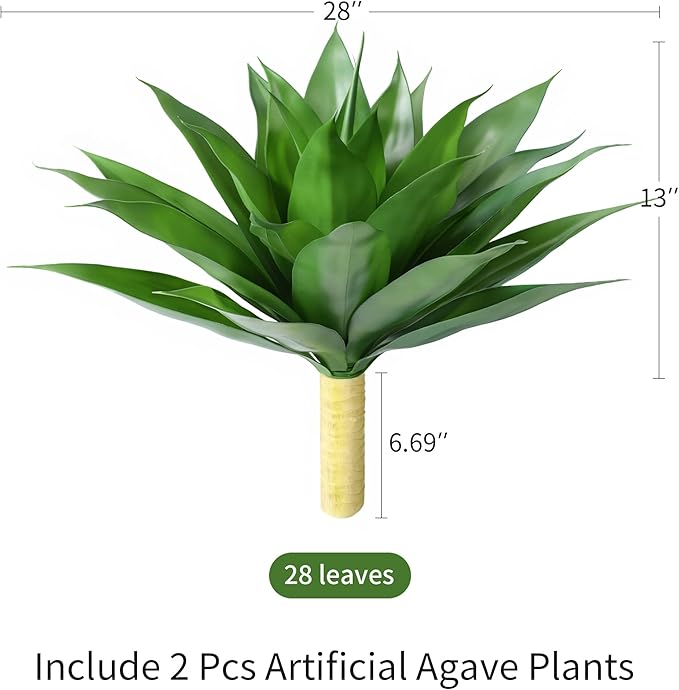 Ivydale Outdoor Faux Plants, 2 PCS 28" Artificial Agave Plant for Outdoors Outside Decoration, Large Fake Plants Realistic Greenery UV Resistant for Planter Porch Patio Yard Garden Indoor(Green)