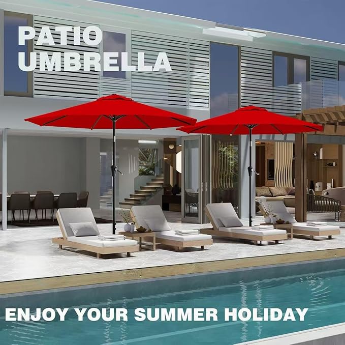 AreShark 9 FT Patio Umbrella for Outdoor, Outdoor Table Umbrella with Push Button Tilt and Crank, Outdoor Patio Umbrellas with 8 Sturdy Ribs for Market, Garden, Pool (Red)