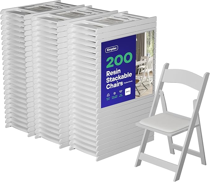 SIMPLEX 200 White Folding Chairs – Resin Stackable Foldable Chairs with Padded Seats – Comfortable White Folding Chairs for Indoor/Outdoor Events – Lightweight Resin Chairs (200 Pack)