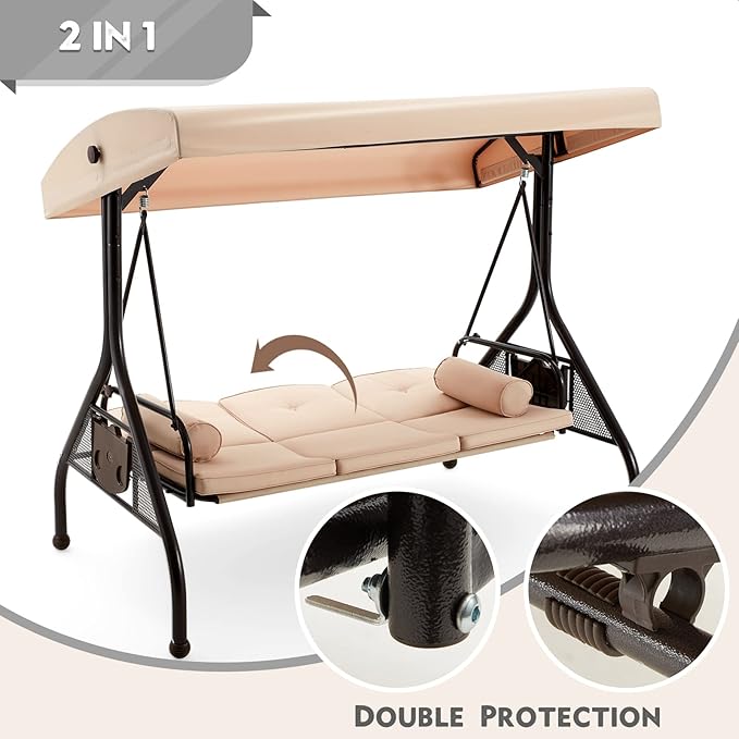 HOMREST 3 Seat Outdoor Porch Swing with Adjustable Canopy, Convertible Patio Swing Bed with Stand, Patio Glider Swing with Upgraded Cup Holder, Thicken Cushions ＆ Pillow for Backyard(Khaki)