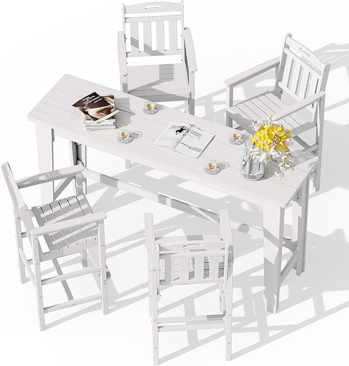 Ciokea Outdoor Bar Height Table Set of 5, 60" Extra Long Rectangle High Top Table and 4 Oversized Adirondack Chairs Set, Heavy-Duty All-Weather HDPE Patio Bar Set for Backyard Balcony Deck, White