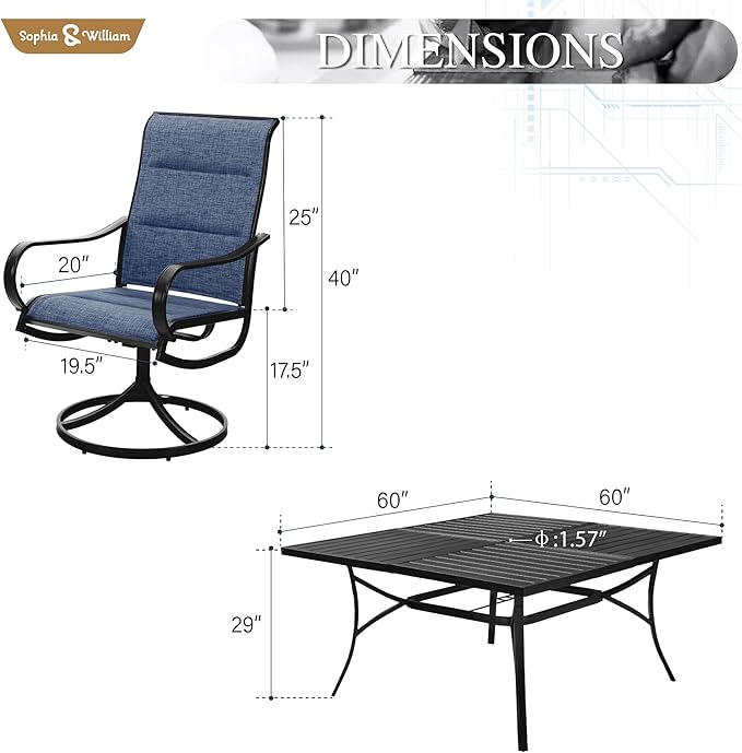 Sophia & William Outdoor Patio Dining Set 9 Pieces, 8 x Textilene Swivel Patio Chairs with Padded and 60" Large Square Metal Dining Table, Outdoor Table and Chair Set for Lawn Garden (Blue)