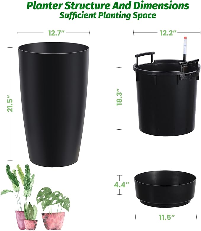 GarveeLife Set of 2 Tall Planters for Outdoor Plants, 22 in Large Planters for Outdoor Indoor Plants with Water Level Monitor ＆ Inner Bucket, Automatic Watering, for Porch, Patio, Backyard, Black