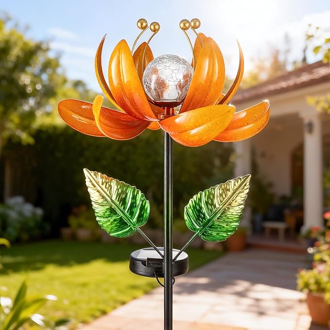Outdoor Solar Lights Garden Decor,Wind Spinner Yard Decorations for Outside, Lotus Garden Windmill with LED Cracked Crystal Waterproof Flower Sculpture for Patio Lawn Gardening Gifts