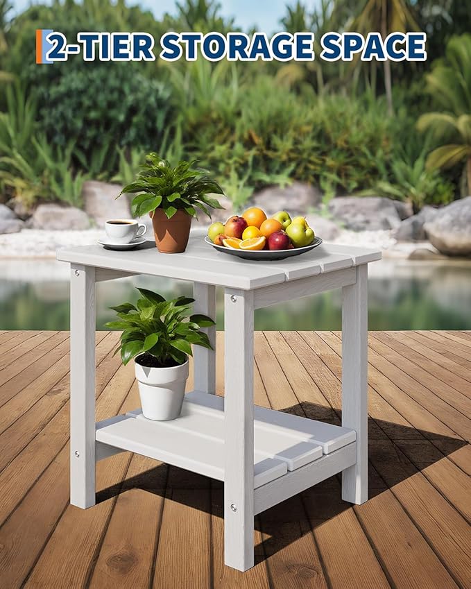GarveeLife Outdoor Side Table 2-Tier, 18 in HDPE All Weather Resistant Patio Side Tables for Outside, End Table for Patio Pool Deck Indoor Backyard, White