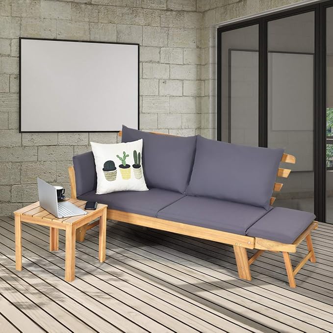 Tangkula Convertible Acacia Wood Patio Couch Sofa Bed with Adjustable Armrest, Outdoor Daybed with Cushion & Pillows, Outside Folding Futon Sofa Couch Bench for Porch, Courtyard, Poolside & Garden