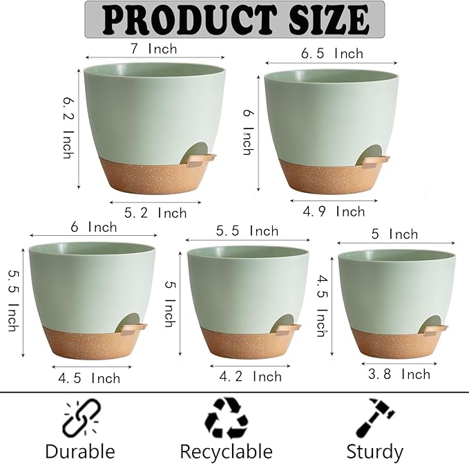 Self Watering Planter Pots Set of 5 - Green Plastic Indoor Pots with Drainage Holes, Saucers and Reservoir for Home Decor, Office Desk, Windowsill, Shelf (Gift Idea)