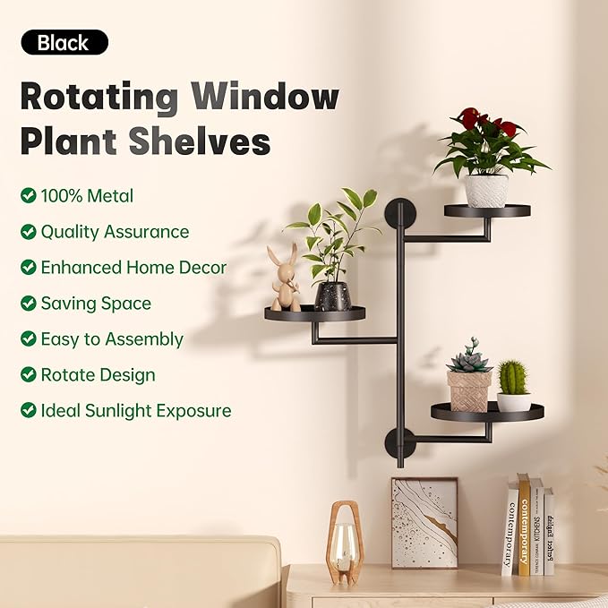 Window Rotating Plant Stand Shelf Indoor Black Metal Floating Shelves 3-Tier Wall Mount Plant Holders for Living Room Wall Planter Modern Home Decor for Gardening