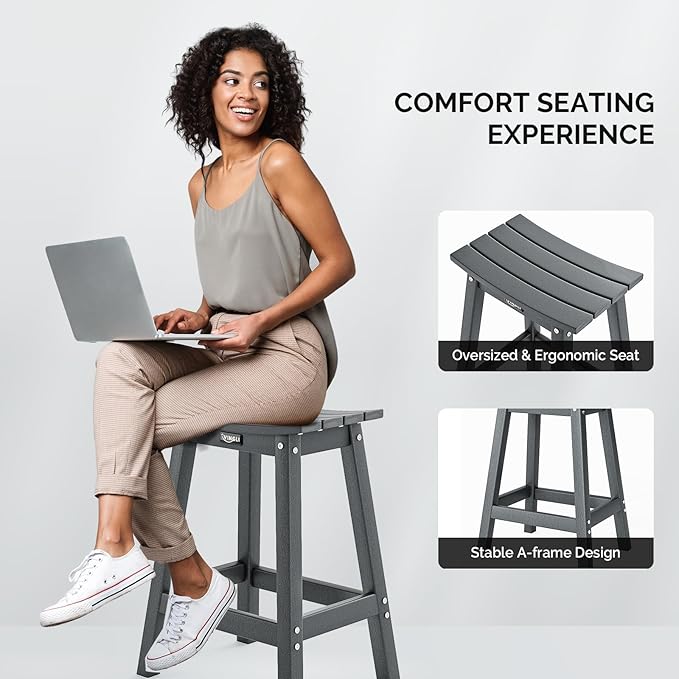 VINGLI 24 Inch Outdoor Bar Stools Set of 4, HDPE Weather Resistance Counter Height Bar Stools Durable Heavy Duty Patio Chairs for Bar Deck Balcony Kitchen Counter and Yard (Gray, 24 Inch 4 PC)