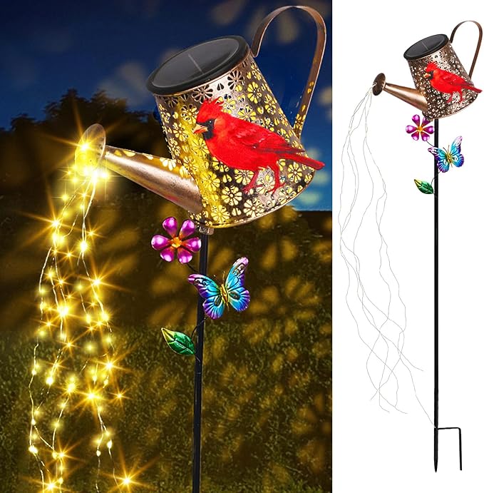 Solar Watering Can with Lights Outdoor Garden, 41in Large Red Cardinal Garden Stake Lights, Waterproof Decoration for Yard Lawn Pathway, Gifts for Mom Grandma Women Birthday Gardening Gift