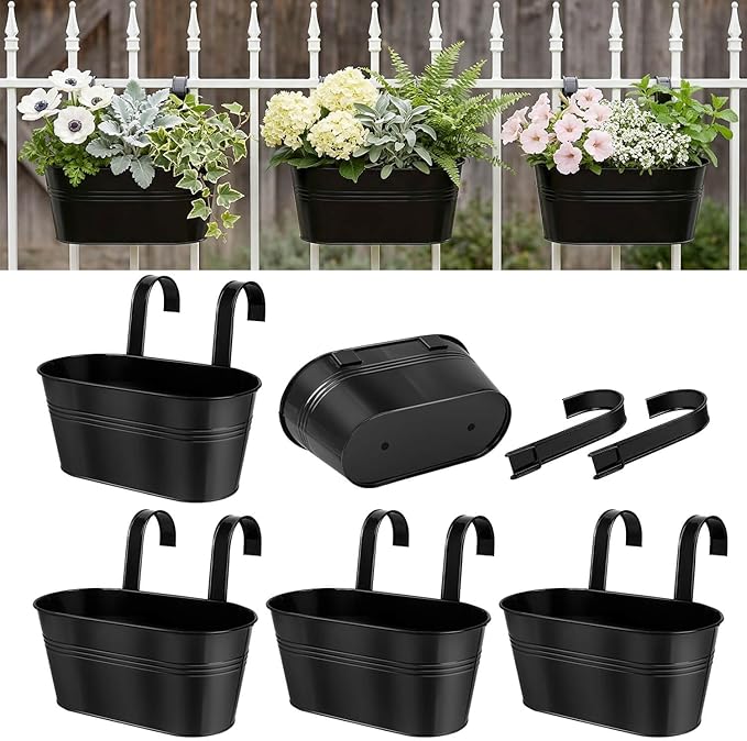 Metal Railing Planters for Outdoor Plants - 5 Pcs Balcony Hanging Flower Pots with Detachable Hooks & Drain Holes, Windowsill Oval Hanging Bucket Pots Fence Planters for Garden Home Decor, Black