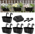Metal Railing Planters for Outdoor Plants - 5 Pcs Balcony Hanging Flower Pots with Detachable Hooks & Drain Holes, Windowsill Oval Hanging Bucket Pots Fence Planters for Garden Home Decor, Black