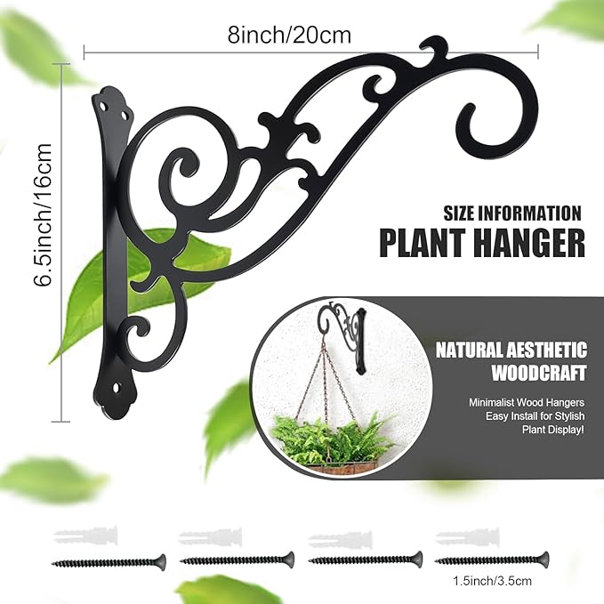 Hanging Planter Hooks 8-Inch 2 Pcs,Outdoor Hanging Brackets Wall Hook Heavy Duty Brackets,Black Iron Planters Hook Indoor/Outdoor Planter Hanger Brackets