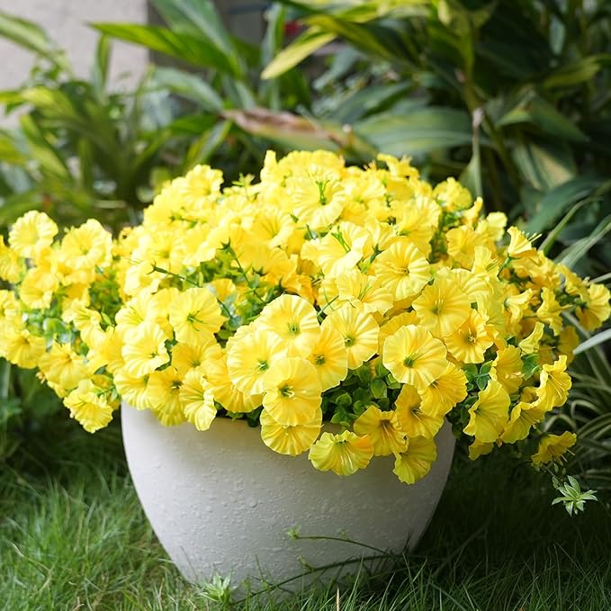 Artificial Flowers for Outdoors, UV Resistant Fake Silk Morning Glory, Realistic Faux Plants for Outside Porch Patio Window Box Hanging Planter (16, Yellow)
