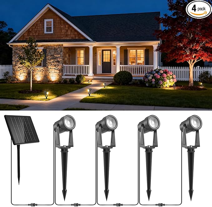 ZYAN Solar Landscape Spotlights, Separate Monocrystalline Panels & USB-C Powered 5400mAh Auto On Off Dusk to Dawn, Outdoor IP65 Waterproof, Warm White for Yard Path Patio (100 Lumens × 4 Pack)