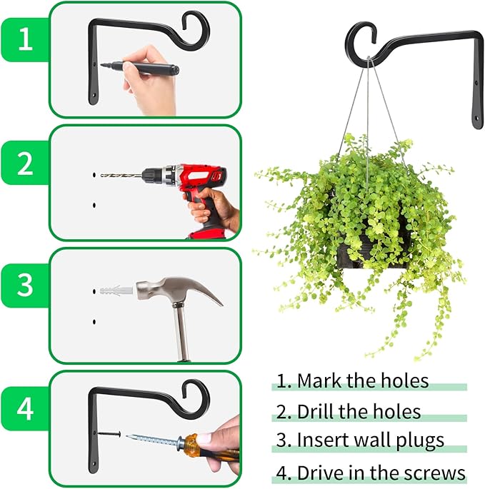 Plant Hangers Outdoor, 2 Pack 6 Inch Hanging Plant Bracket, Metal Hanging Plant Hooks, Wall Hooks for Hanging Plants, Bird Feeder, Flower Basket, Wind Chimes, Indoor Outdoor (Black)