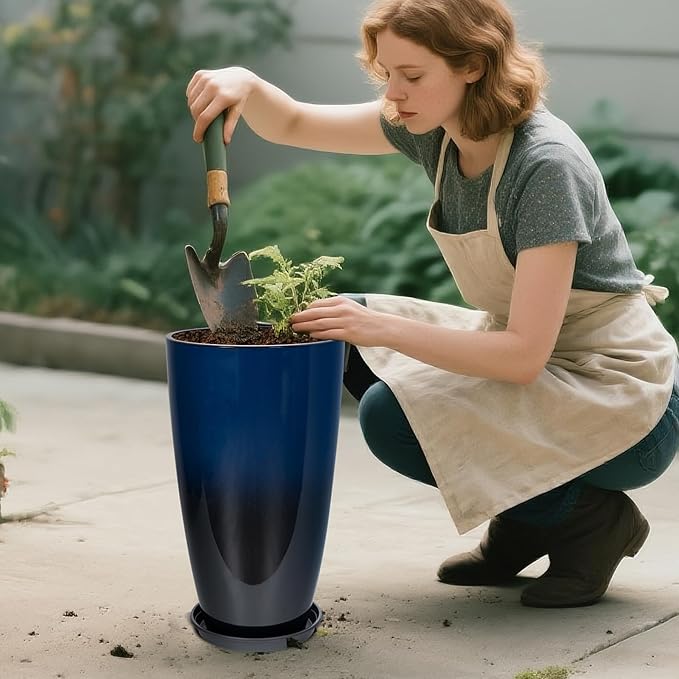Set of 2 Lightweight Ceramic-Look Tall Planter, 21 inch Large Plastic Planter with Drain Hole & Saucers, Large Outdoor Planters for Porch, Garden, Patio, Balcony(Dark Blue)
