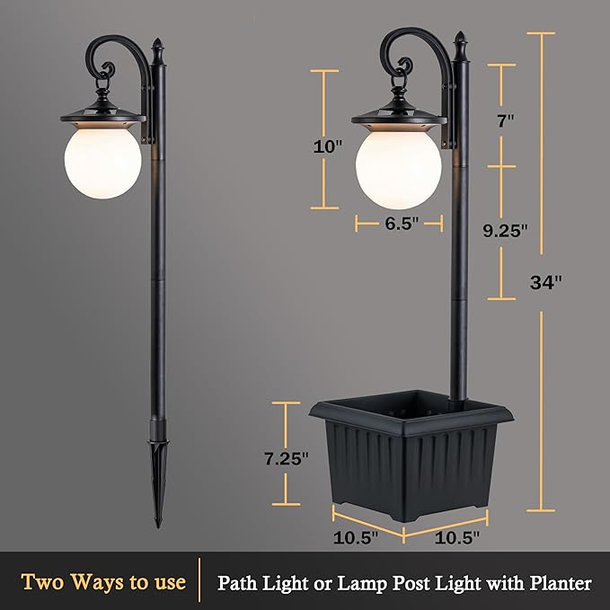 Outdoor Post Light with Planter, Matte Black Solar Lamp Post Light with Globe Shade, 2 in 1 Waterproof Solar Post Lights Outdoor Planter for Outside Gardan Pathway