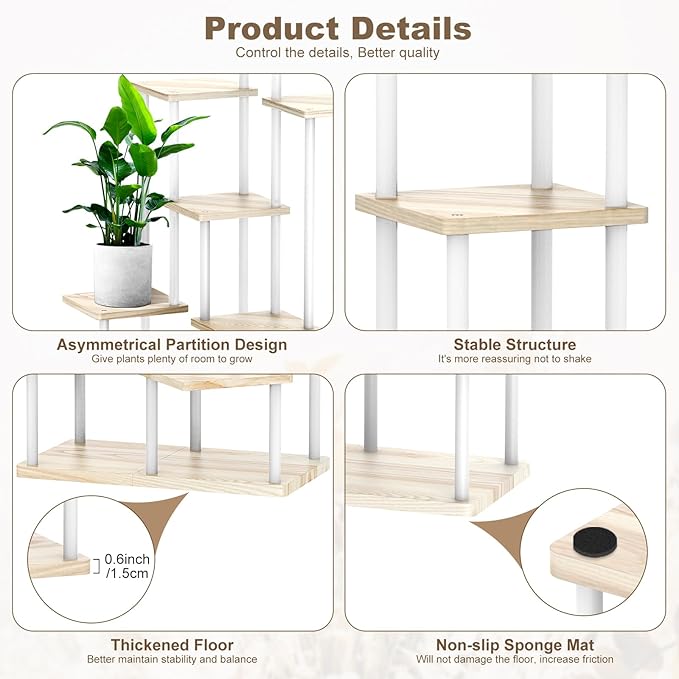 7 Tier Plant Stand Indoor, Thickened Metal Wood Corner Plant Shelf Stands for Multiple Plants, Indoor Tall Plants Stand Tiered Flower Holder for Living Room Patio Garden Balcony(White+Oak)