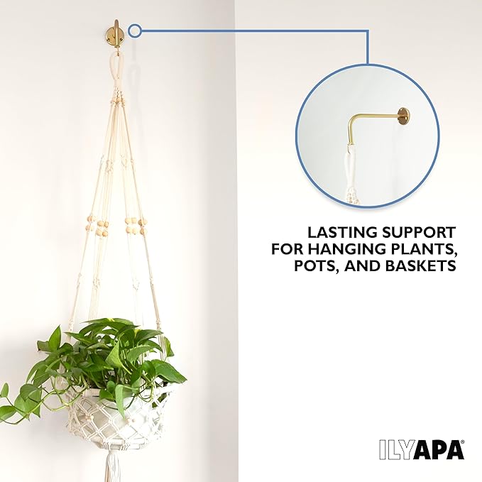Ilyapa 4 Pack Metal Plant Wall Hanger Hooks - 7 in. Hook for Hanging, Baskets, and Macrame, Indoor Hangers in Rustic Brass Finish, Wall Planters