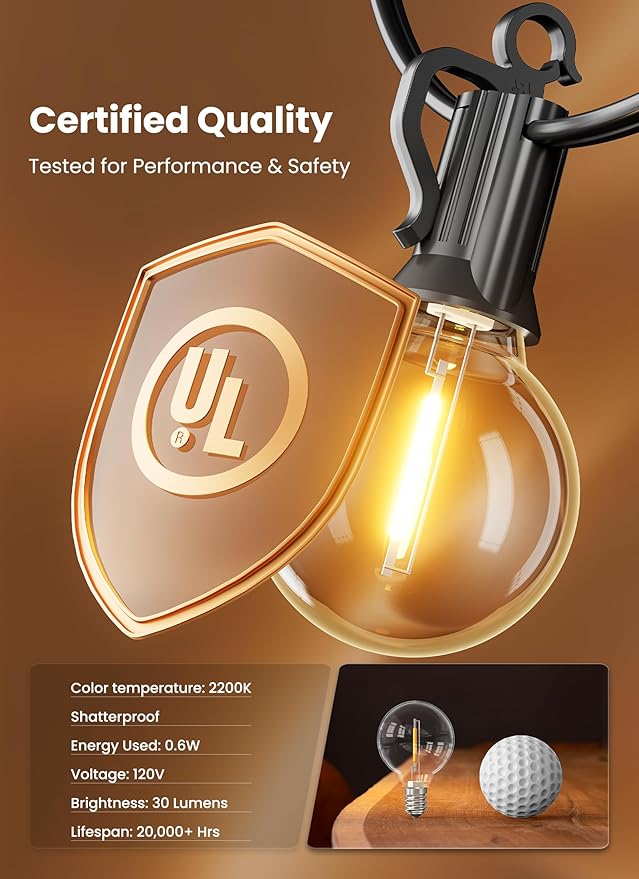 Brightown LED Outdoor String Light, 109 Feet Patio Lights with 52 Edison Shatterproof Bulbs(2 Spare), UL Listed Waterproof Outside Lights for Backyard Balcony Party Xmas Decor, E12 Base, Connectable