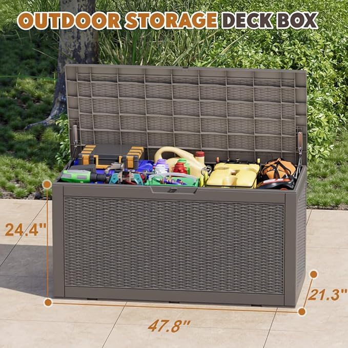 Outdoor Storage Box, Resin Deck Boxes Indoor and outdoor, Waterproof Storage Box Lockable Lid (Grey, 110 Gallon)