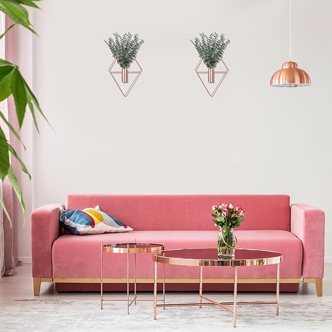 Jexine 8 Pcs Hanging Planters with Artificial Eucalyptus Metal Hanging Vase Indoor Plants Holder Modern Geometric Boho Bathroom Wall Decor for Living Room Home Office (Eucalyptus,Rose Gold)
