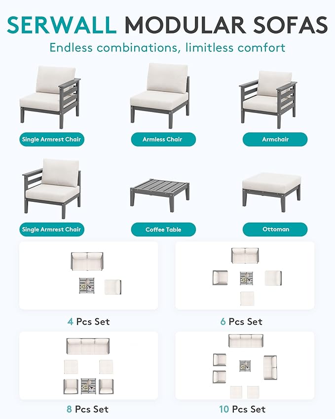 SERWALL HDPE Patio Furniture Set, 4 Pieces Outdoor Sectional Sofa Set, All-Weather Wood-Like Outdoor Sofa Couch with Coffee Table for Deck, Lawn, Grey Frame with Khaki Cushion