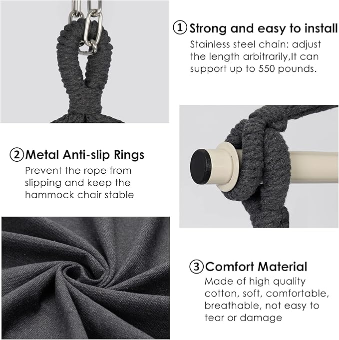 Y- STOP Hammock Chair Hanging Rope Swing Chair, Max 500 Lbs, 2 Seat Cushions Included, Removable Steel Spreader Bar with Anti-Slip Rings, Hardware kit-for Indoor Outdoor(Dark Grey) pcs