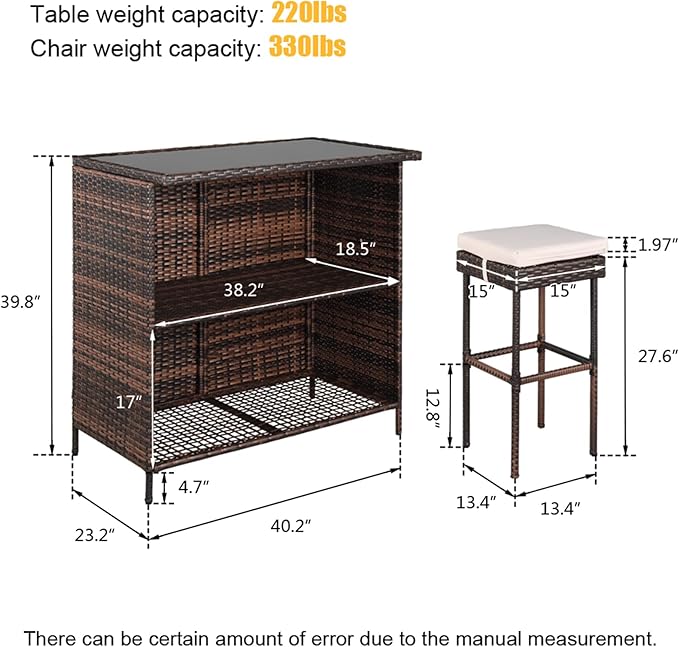 Outvita Wicker Patio Outdoor Bar Set with Glass Top Table and Two Cushioned Stools Brown Backyard Furniture Poolside, Garden, Porches