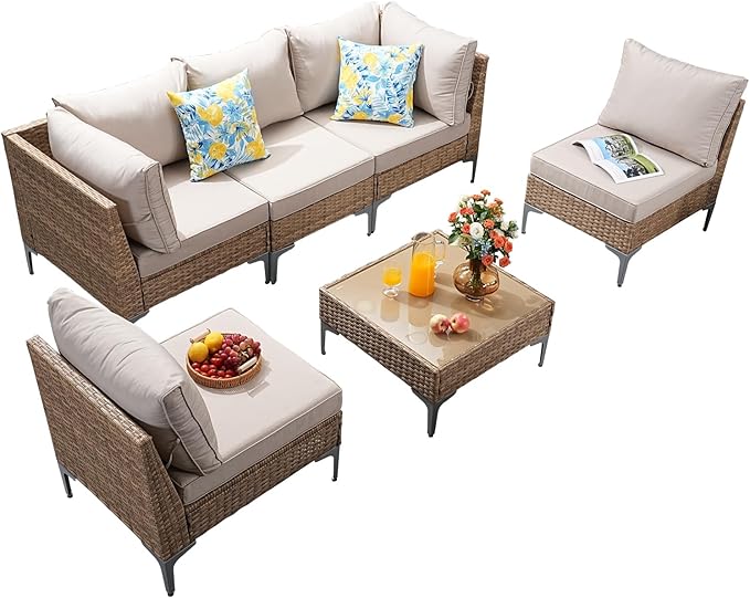 Jing's Villa 7-Piece Outdoor Patio Furniture Set,Ratten Conversation Sectional Sofa w/Coffee Table, All-Weather Patio Conversation Set with Thick and Anti-Slip Cushions for Backyard,Deck,Beige