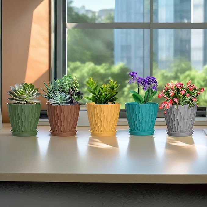 6 Inch Plant Pots, 6 Pack Indoor Flower Pots, Planters with Drainage Holes and Trays for Orchids, Violets, Succulents, Herbs, and Other Plants,Corolful