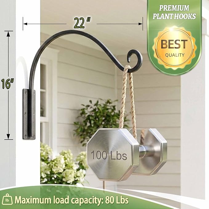 Qiang Ni Heavy-Duty Plant Hanger Outdoor: 100 lbs Hanging Plant Hook for Outside Basket - 22-Inch Wall Mount Plant Bracket for Bird Feeder