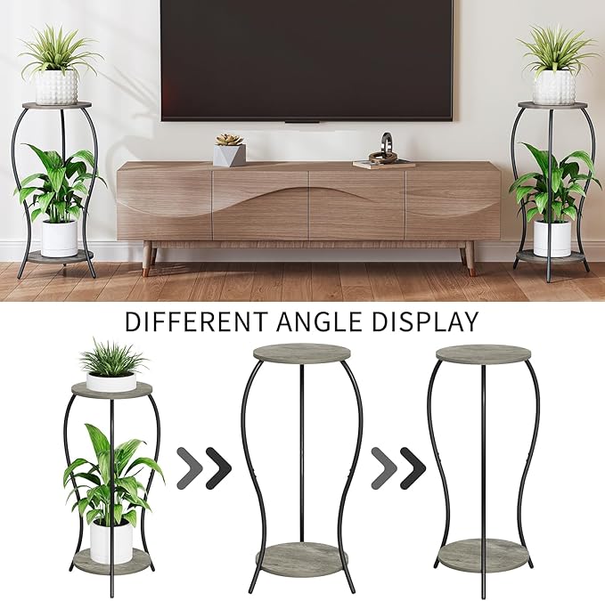 Plant Stand Indoor, 2 Tier Round Tall Plant Stand, Flower Pot Stand, Plant Shelf Rack, Corner Plant Stand for Planter Garden Balcony Patio Living Room (Grey-Wood, 2 Tier)