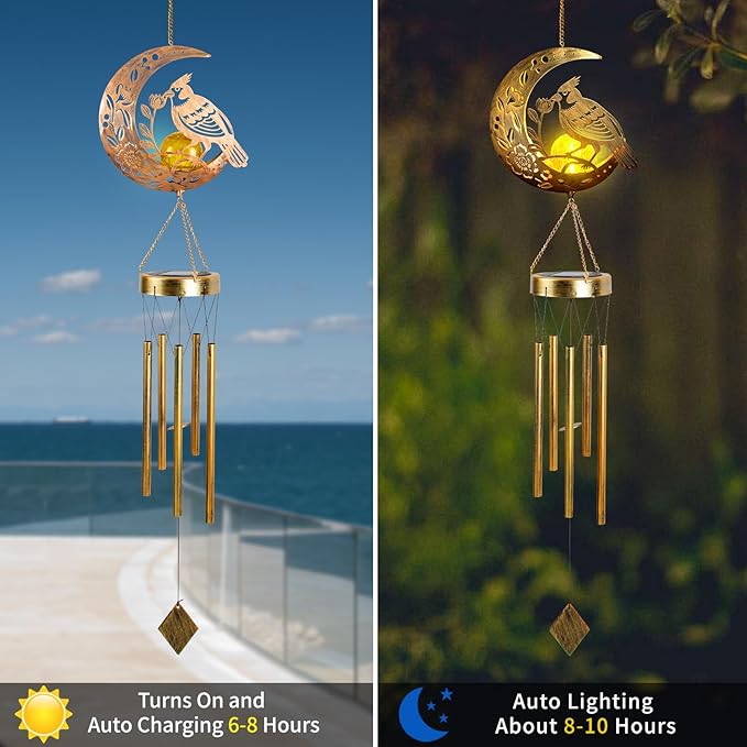 Moon Cardinal Wind Chime for Outside - Exquisite Vermilion Bird, Handmade Aluminum Wind Chimes for Garden/Lawn, Soothing Zen Decor, Perfect Asian-Themed Gift for Housewarming & Meditation Spaces