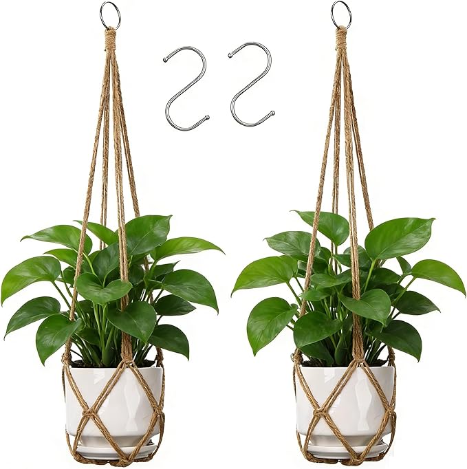 YIBOT Macrame Plant Hanger Indoor Set of 2 with 2 S Hooks, Indoor Outdoor Hanging Planter for Plants Holder with Decorative No Tassels, Boho Home Decor, 35 Inch, Brown (Pots Not Included)
