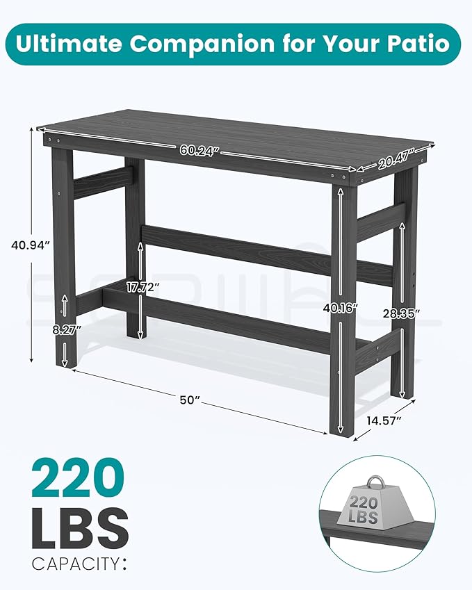 SERWALL 41" Outdoor Bar Table, All Weather HDPE Patio Bar Counter Height Table, Rectangle Patio Bar Table for Outside, Garden, Backyard, Balcony, Poolside, Grey