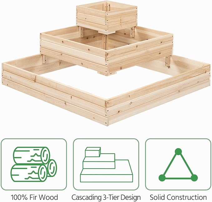 Yaheetech 3 Tier Wooden Raised Garden Bed 44.5'' L×44.5″ W×20.5″ H, Horticulture Open-Bottom Planter Raised Garden Bed for Flowers/Herbs/Vegetables Planter Flower Box