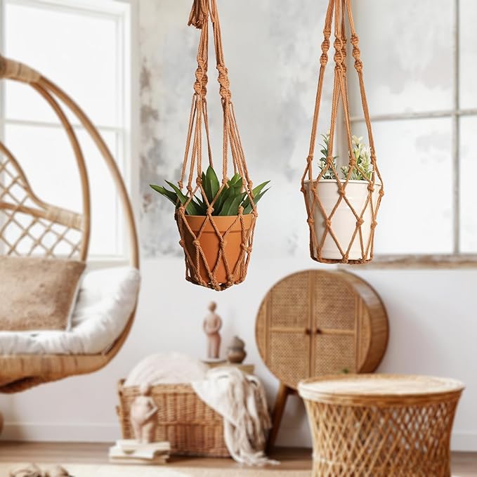 Artilady Macrame Hanging Planter for Indoor Plants, Boho Woven Plant Hanger Large Hanging Flower Pot Holders Outdoor Baskets Storage No Tassels Brown Wall Decor (Latte Brown-2pcs)