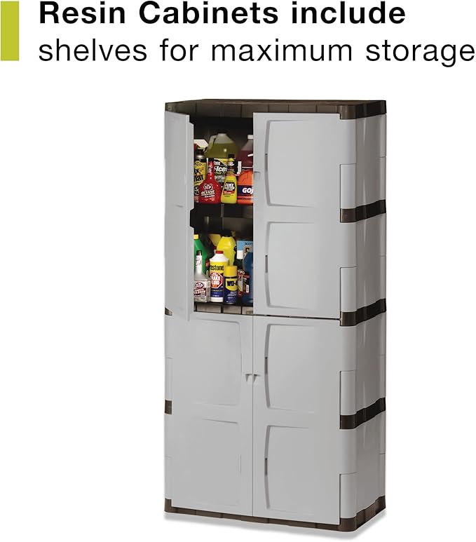 Rubbermaid Freestanding Storage Cabinet Five Shelf with Double Doors Lockable Large 690-Pound Capacity Gray For Garage/Outdoor Garden Tools/Toys/Power Tools/Pool Accessories Grey