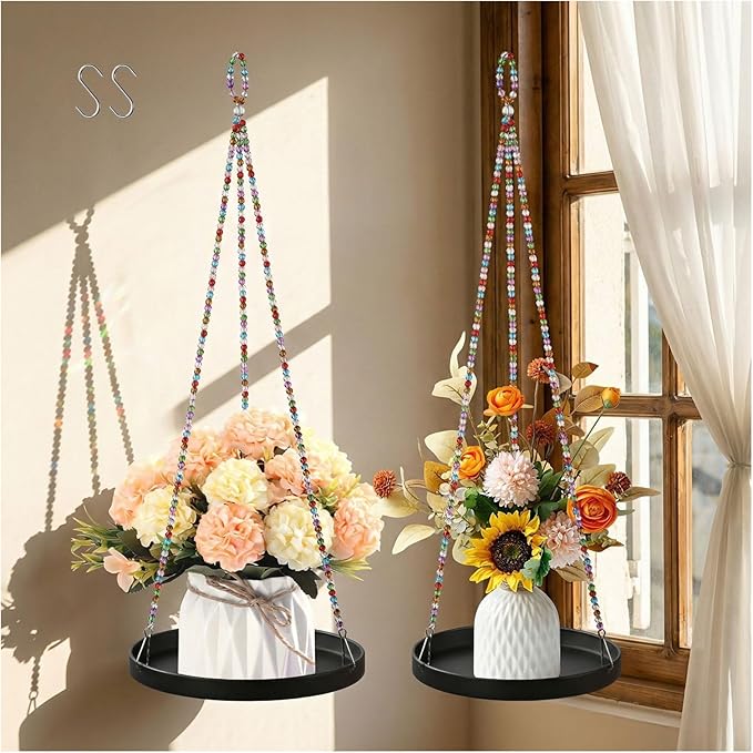 2-Pack Modern Boho Macrame Plant Hanger, 10/11 Inch Metal Hanging Planter Holder for Indoor and Outdoor Home Garden Decor, Black Hanging Plant Shelf for Window, Wall, and Ceiling. (American, 10/11)