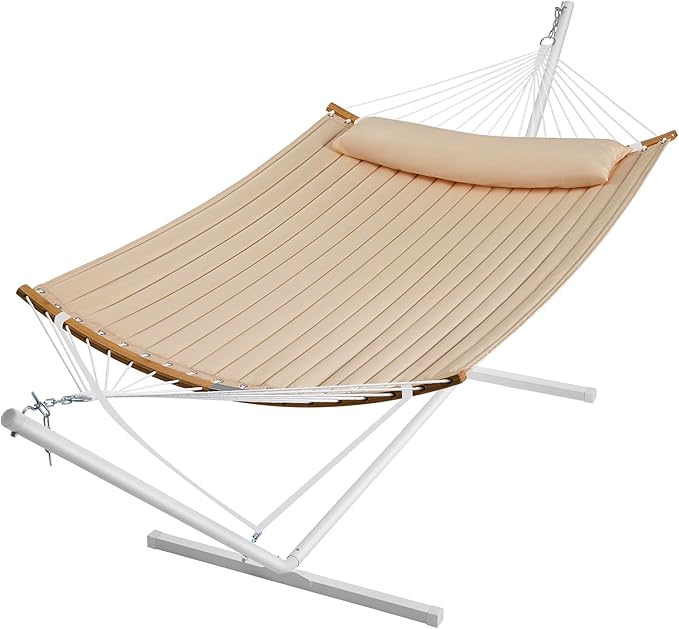 SUPERJARE Hammock with Stand, 2 Person Heavy Duty Hammock with Padded Cotton, Detachable Pillow & Strong Curved-Bar & Portable Carrying Bag, Perfect for Outdoor & Indoor, Beige