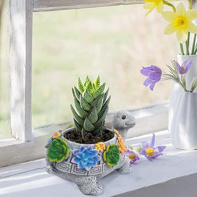 2pcs Small Turtle Planter Window Decor - Resin Succulent Plant Pot with Drainage Hole, Cute Planters for Indoor Plants, Unique Flower Pot Office/Home/Desktop Decoration, Ideal Gifts for Women