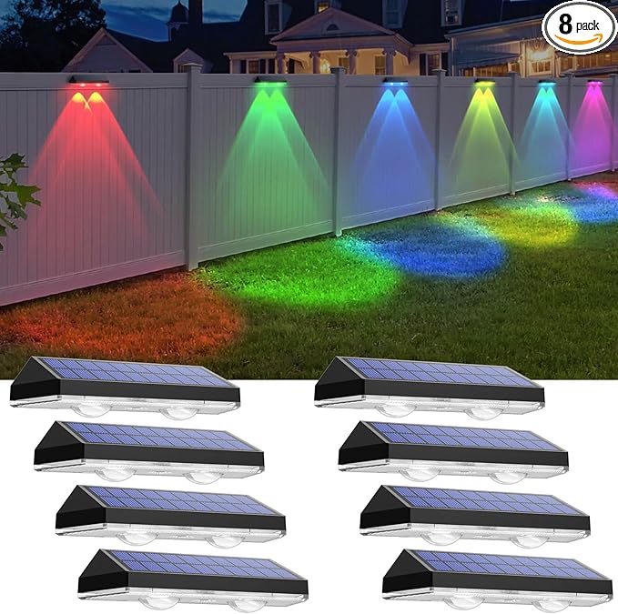 Solar Fence Lights Outdoor - Warm White & RGB 6 Color, Dusk to Dawn Solar Deck Light, Solar Lights Outdoor IP65 Waterproof, Garden Lights for Outside/Backyard/Railing/Step/Patio/Wall (8 Pack)