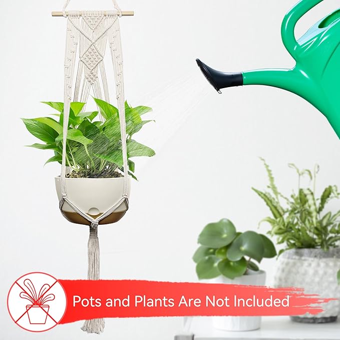 USLAI Macrame Plant Hanger Indoor Outdoor, Fits 4 to 12 Inch Pots, Hanging Planter Holder with Dowel Rod and Tassels, Boho Home Decor, 47+47 Inch, Ivory (POTS NOT Included)