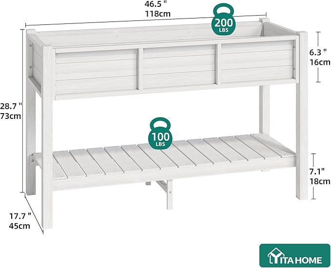 YITAHOME 48x18x30in Raised Garden Bed HDPE, Weather-Resistant Poly Lumber Planter Box with Legs & Storage Shelf, Elevated Garden Bed for Yard, Garden, Balcony - White